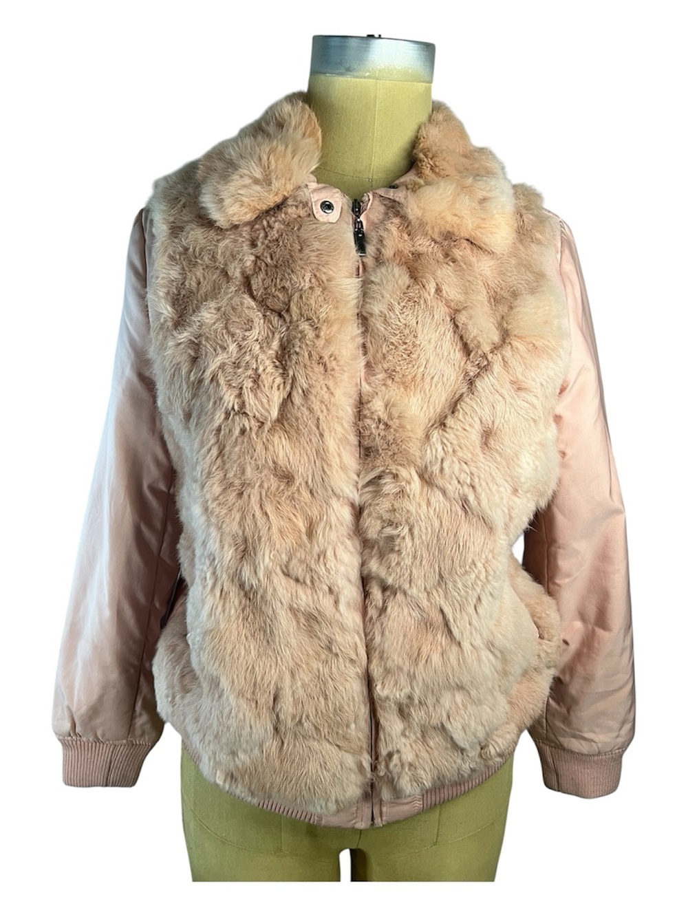 Vintage Y2K Rabbit Fur/satin zip Bomber Jacket - Blush Pink